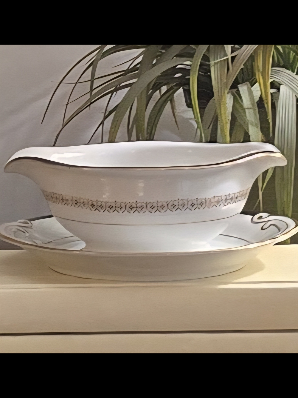 1076 Antique Royal Stone China White Porcelain Gold Trim Gravy Boat Floral Vtg